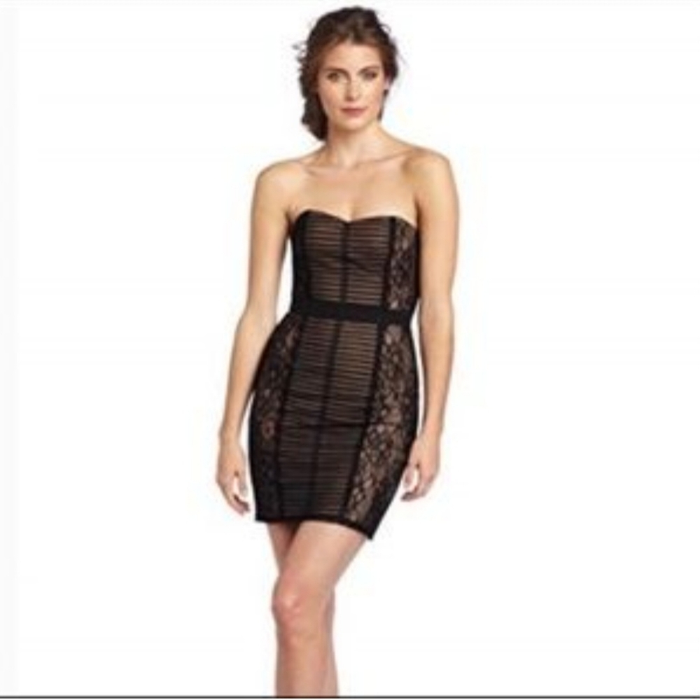 BCBGMAXAZRIA Janna sheer lace black Party Wediing Guest strapless mini Dress